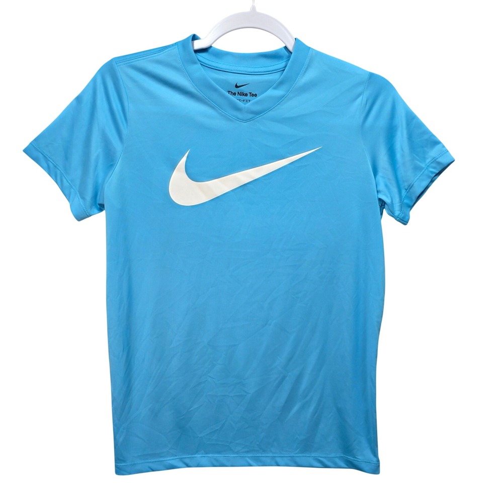 Nike Dri Fit Tee Tshirt Girls XL Blue Swoosh Vneck Training Sports Activewear